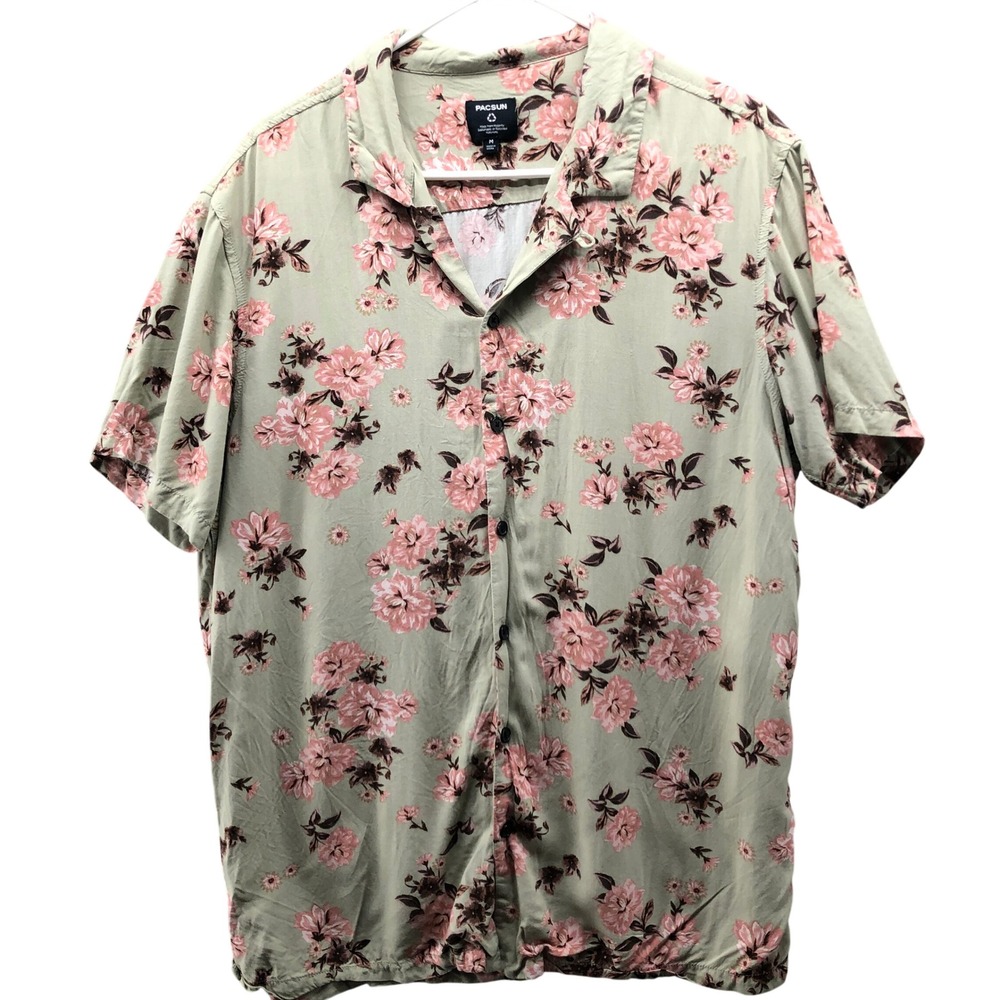 PacSun Floral Camp Shirt Mens M Sage Green Pink Floral Resort Shirt Tropical